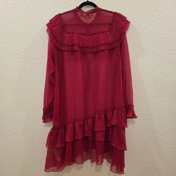 Ted Baker London Anastai Pleated Ruffle Mini Dress Red Sheer Chiffon Size 6 - Picture 7 of 11